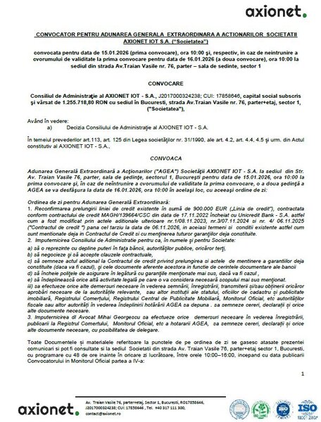 Convocator pentru AGEA Axionet Iot SA