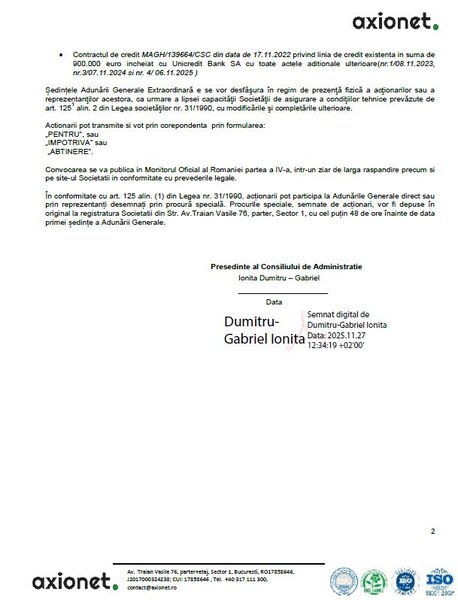 Convocator pentru AGEA Axionet Iot SA